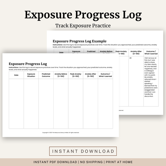 Printable Exposure Progress Log featuring exposure therapy tracking, anxiety ratings, predicted versus actual outcomes, progress monitoring and a completed example.