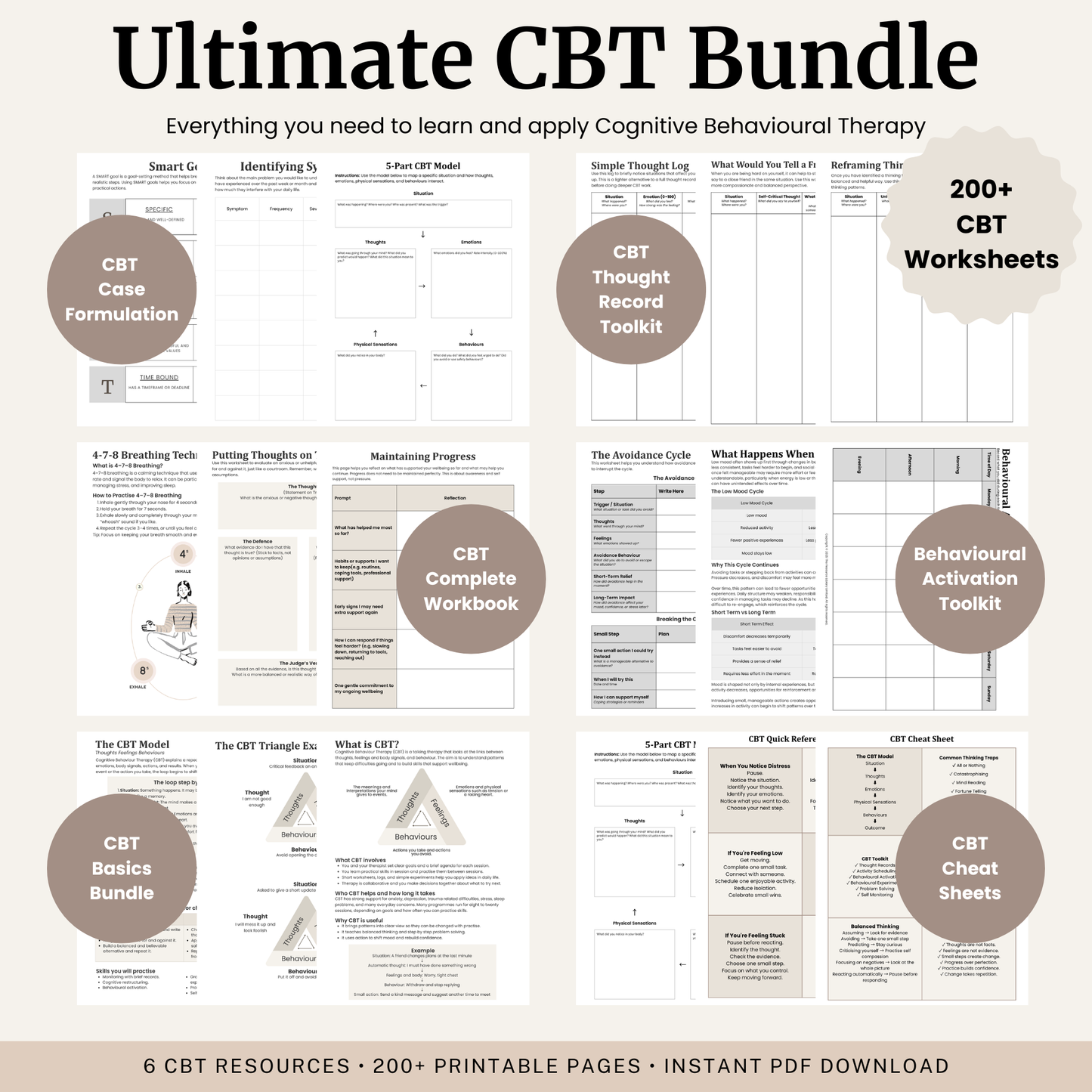 Ultimate CBT Bundle with over 200 printable CBT worksheets, workbooks and toolkits created by a Registered Psychologist.
