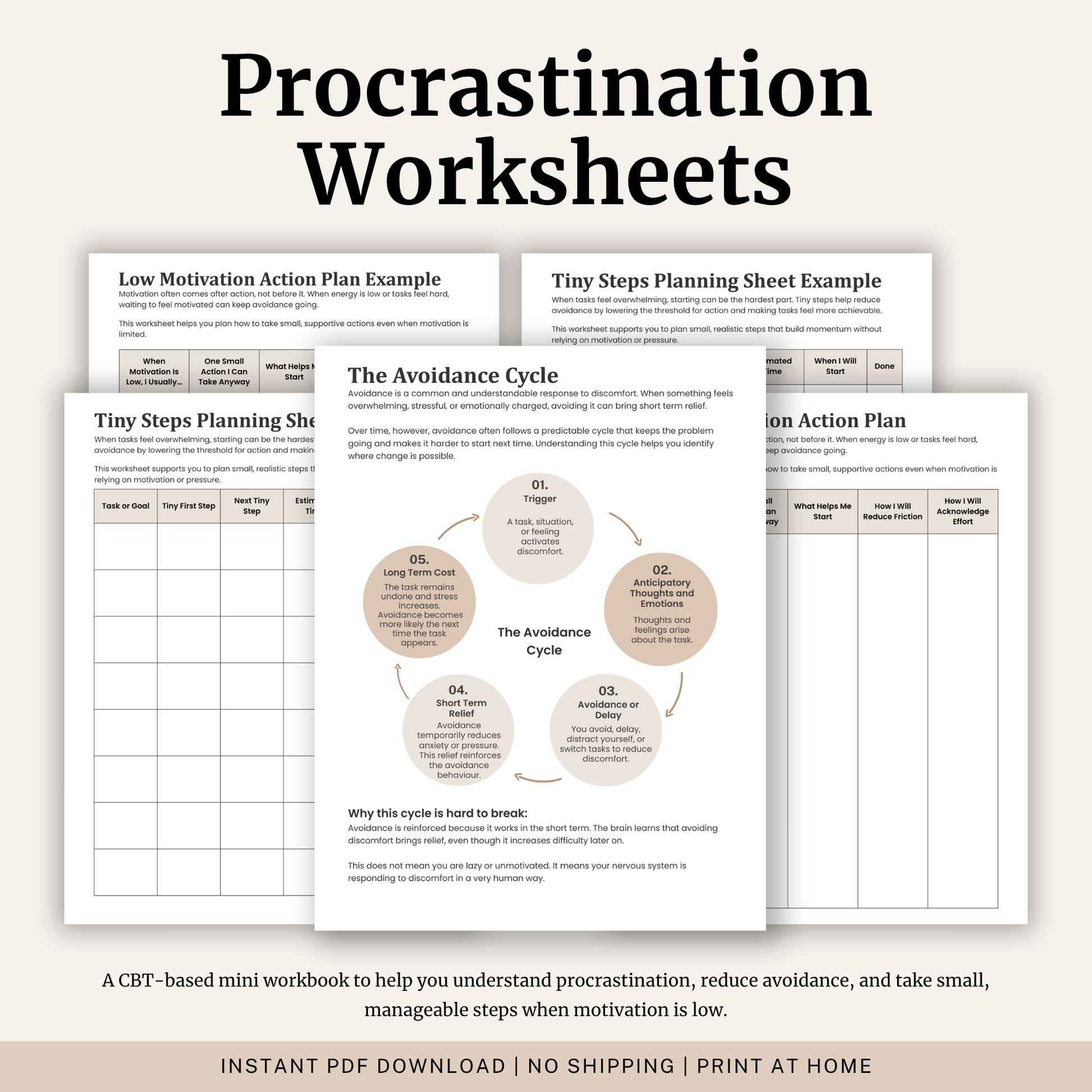 Printable Procrastination Worksheets featuring the Avoidance Cycle, low motivation action planning, tiny steps planning, avoidance versus rest clarification, guided worksheets and practical procrastination strategies.