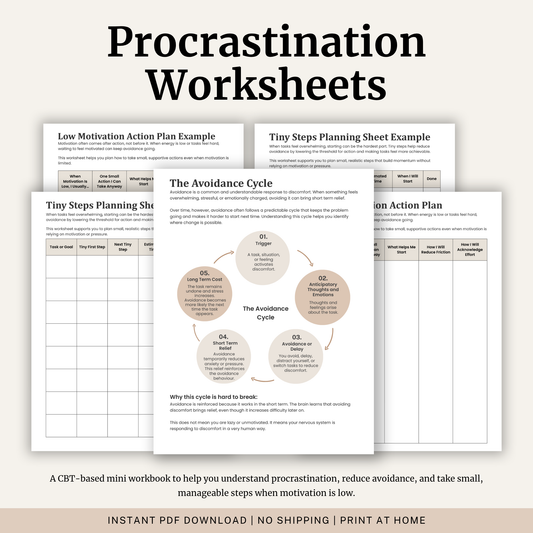 Printable Procrastination Worksheets featuring the Avoidance Cycle, low motivation action planning, tiny steps planning, avoidance versus rest clarification, guided worksheets and practical procrastination strategies.