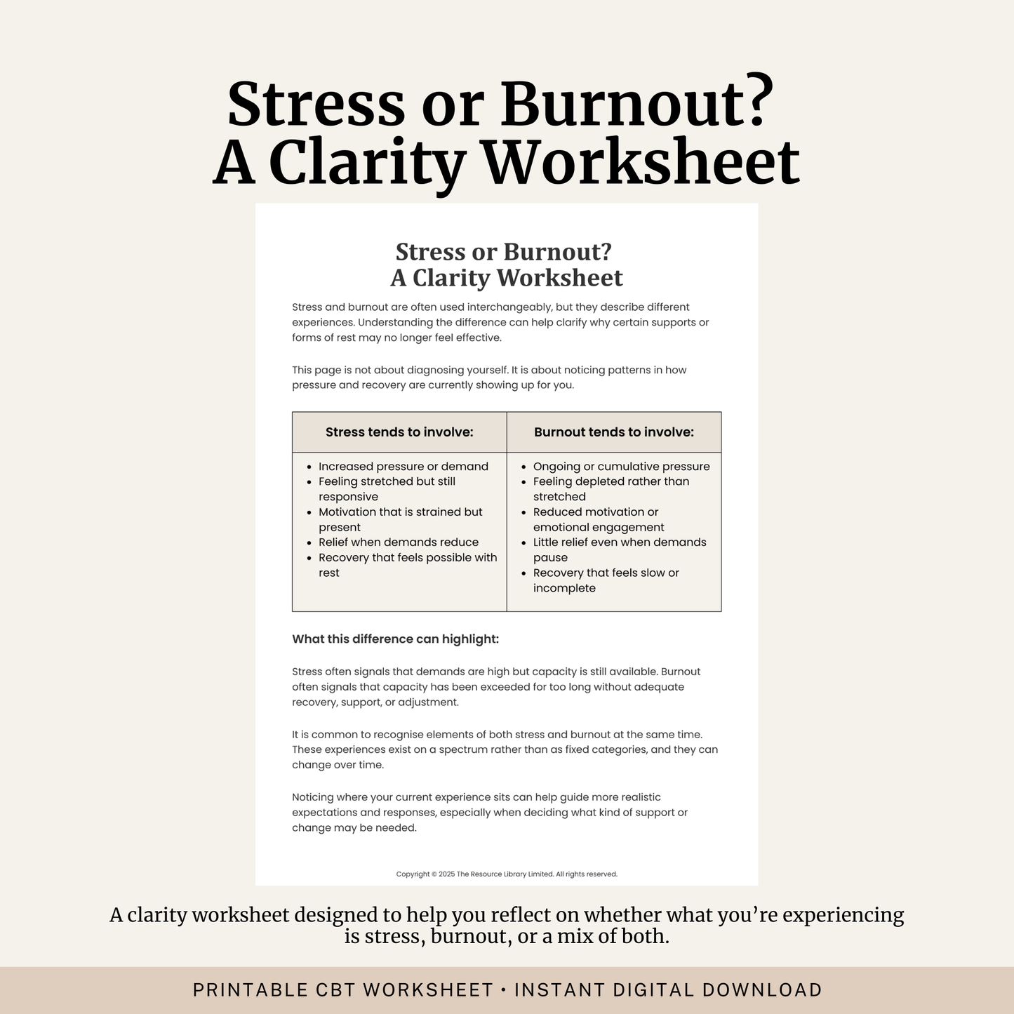 Printable Stress or Burnout? A Clarity Worksheet featuring a comparison of stress and burnout, burnout psychoeducation, recovery, capacity and self awareness.
