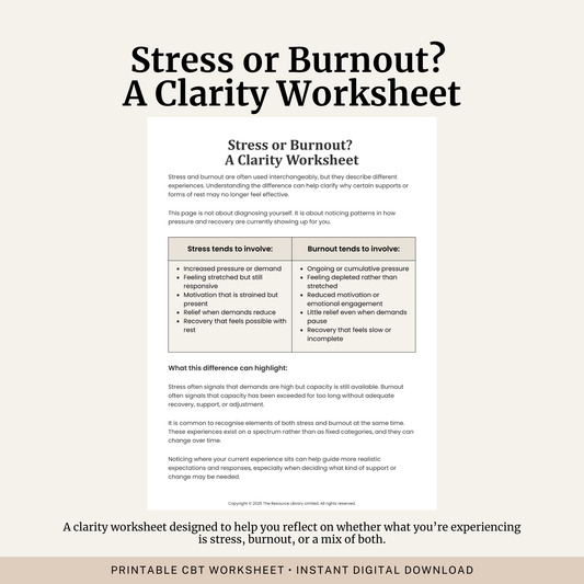 Printable Stress or Burnout? A Clarity Worksheet featuring a comparison of stress and burnout, burnout psychoeducation, recovery, capacity and self awareness.