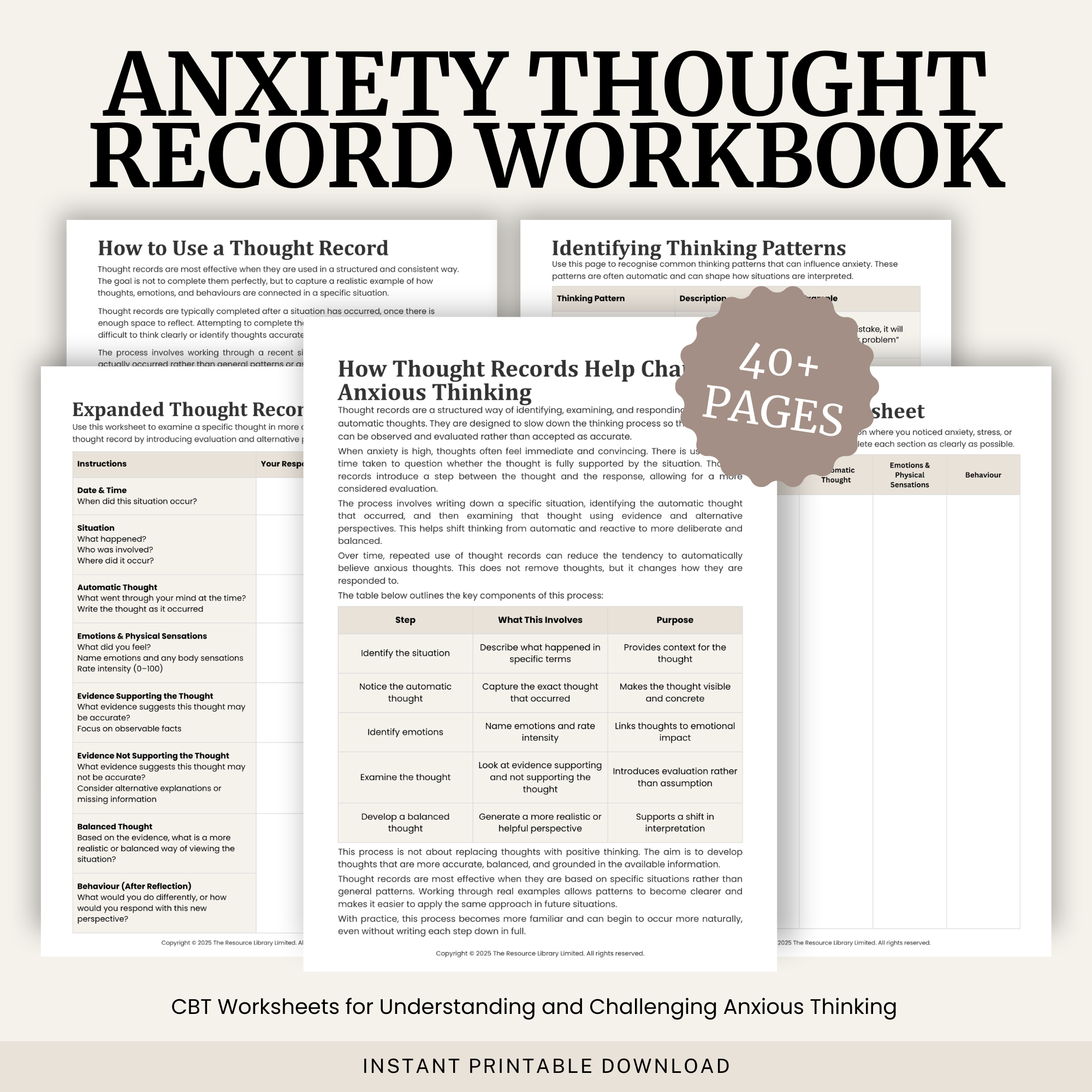 Anxiety Thought Record Workbook | Printable PDF