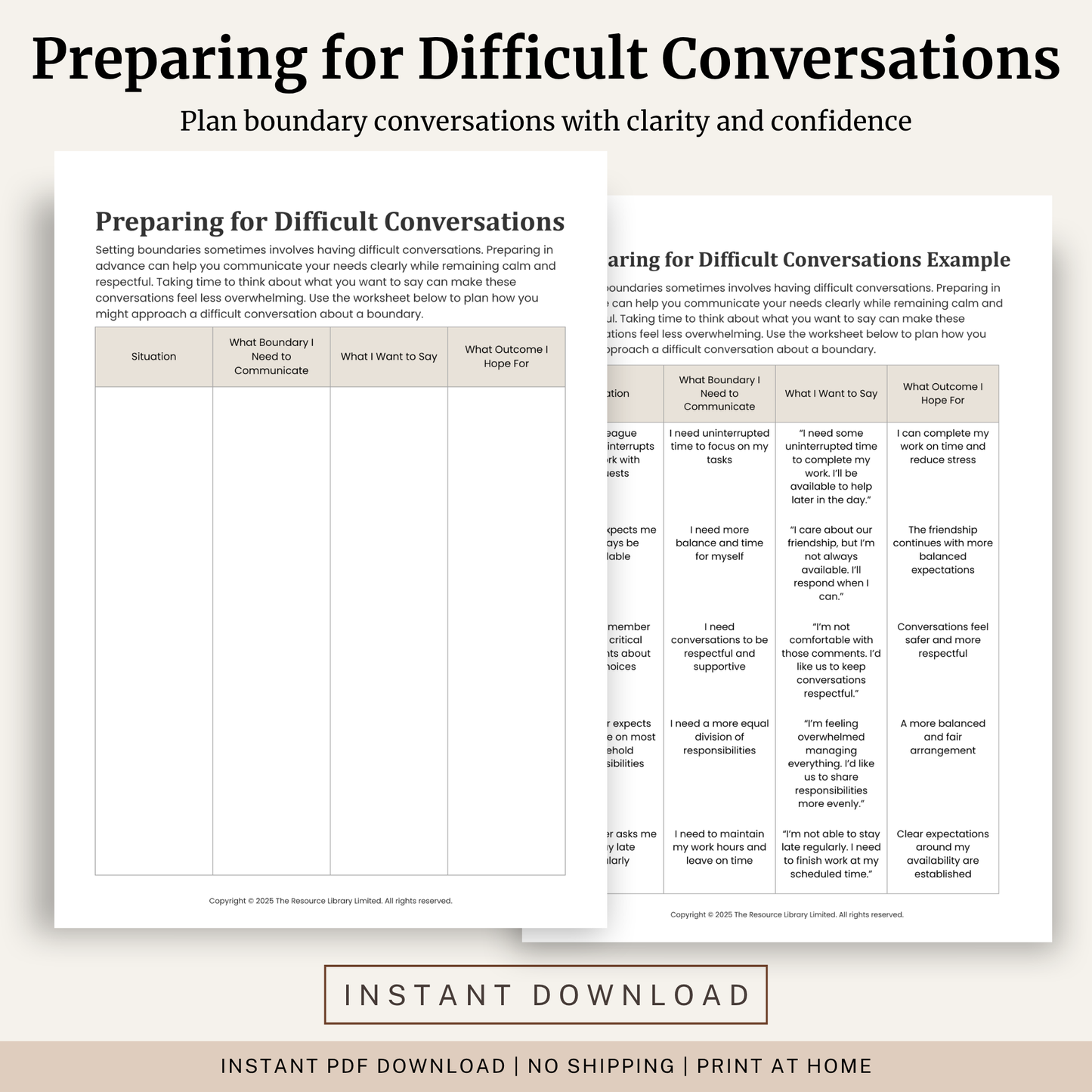 Printable Preparing for Difficult Conversations Worksheet featuring healthy boundaries, assertive communication, conversation planning, boundary setting and a completed example.