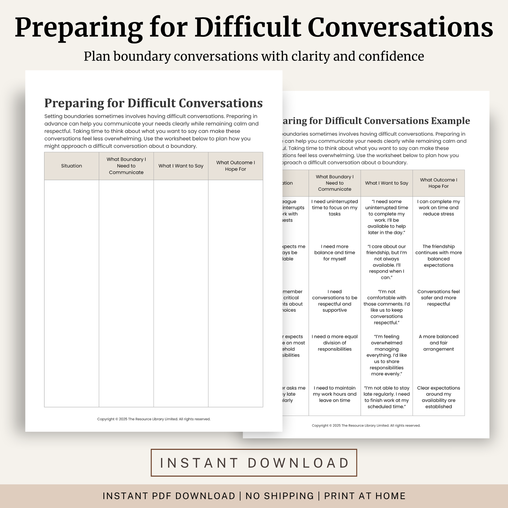 Printable Preparing for Difficult Conversations Worksheet featuring healthy boundaries, assertive communication, conversation planning, boundary setting and a completed example.