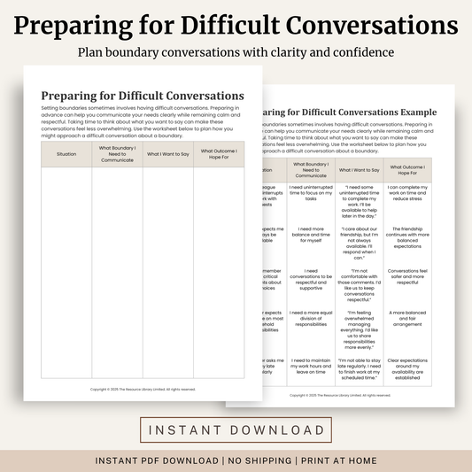 Printable Preparing for Difficult Conversations Worksheet featuring healthy boundaries, assertive communication, conversation planning, boundary setting and a completed example.
