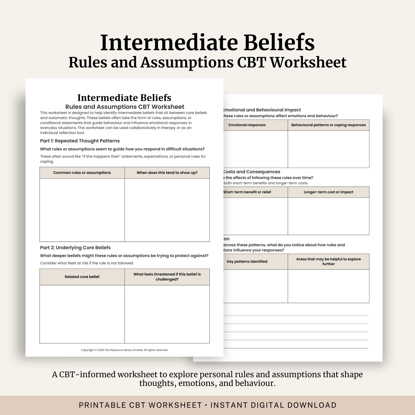 Printable Intermediate Beliefs Rules and Assumptions CBT Worksheet featuring personal rules, assumptions, core beliefs, emotional and behavioural patterns and cognitive formulation.