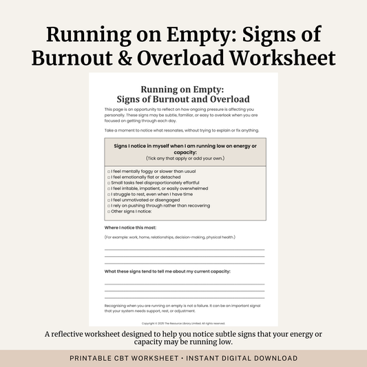 Printable Running on Empty Signs of Burnout and Overload Worksheet featuring burnout symptoms, energy and capacity reflection, stress awareness and burnout self assessment.