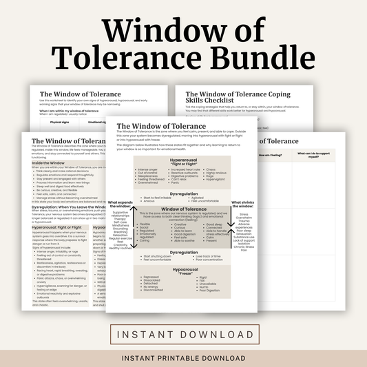 Printable Window of Tolerance Workbook featuring nervous system regulation, hyperarousal, hypoarousal, fight or flight, freeze responses, reflection worksheets, coping skills checklist and a visual Window of Tolerance diagram.