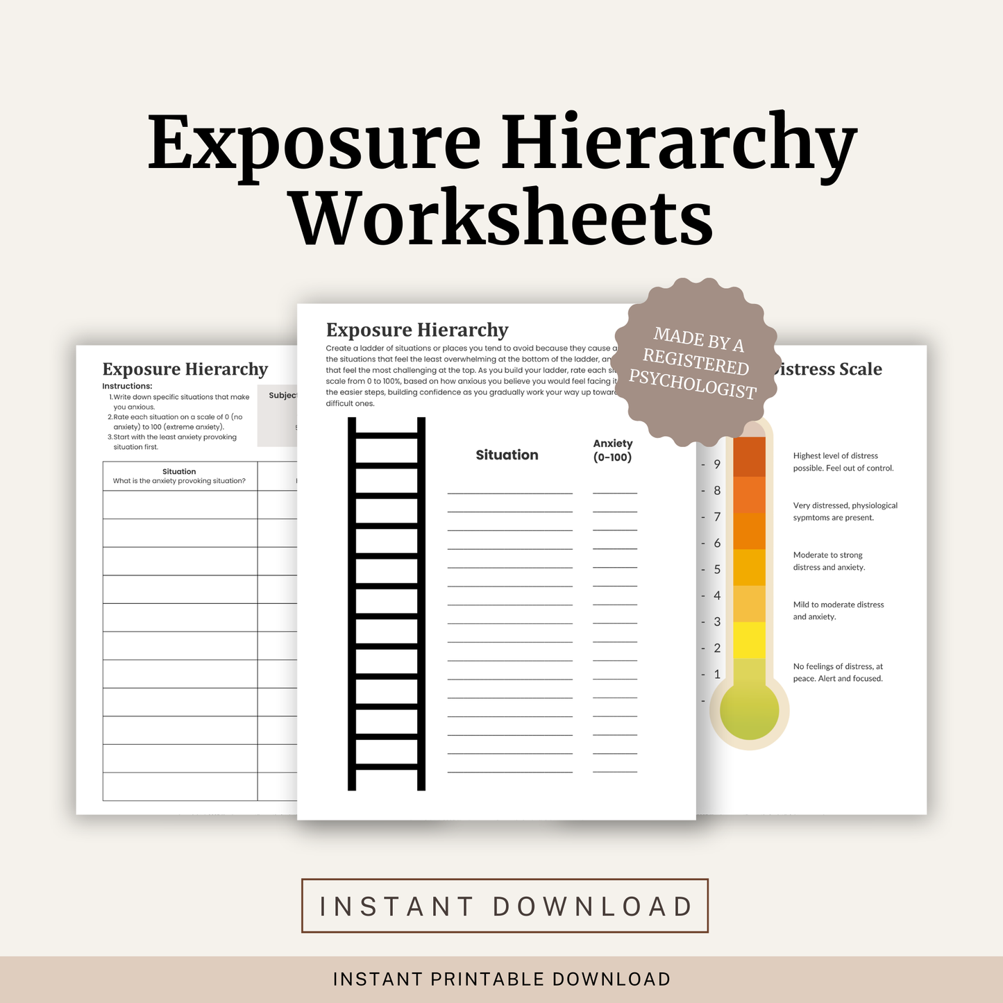 Printable Exposure Hierarchy Worksheets featuring exposure therapy planning, anxiety hierarchy ladder, SUDS anxiety ratings, graded exposure planning and completed examples.