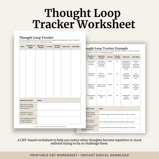 Printable Thought Loop Tracker featuring overthinking, rumination, repetitive thoughts, emotional intensity, reflection questions and a completed example.