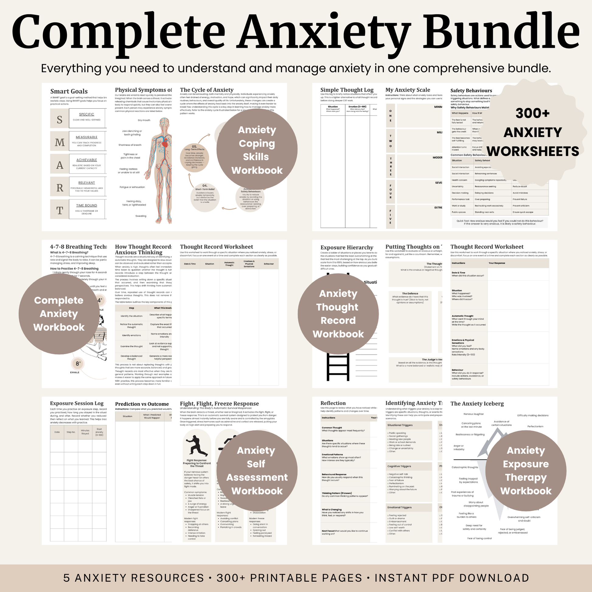 Complete Anxiety Bundle featuring five CBT anxiety workbooks with over 300 printable PDF pages created by a Registered Psychologist.