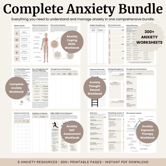 Complete Anxiety Bundle featuring five CBT anxiety workbooks with over 300 printable PDF pages created by a Registered Psychologist.
