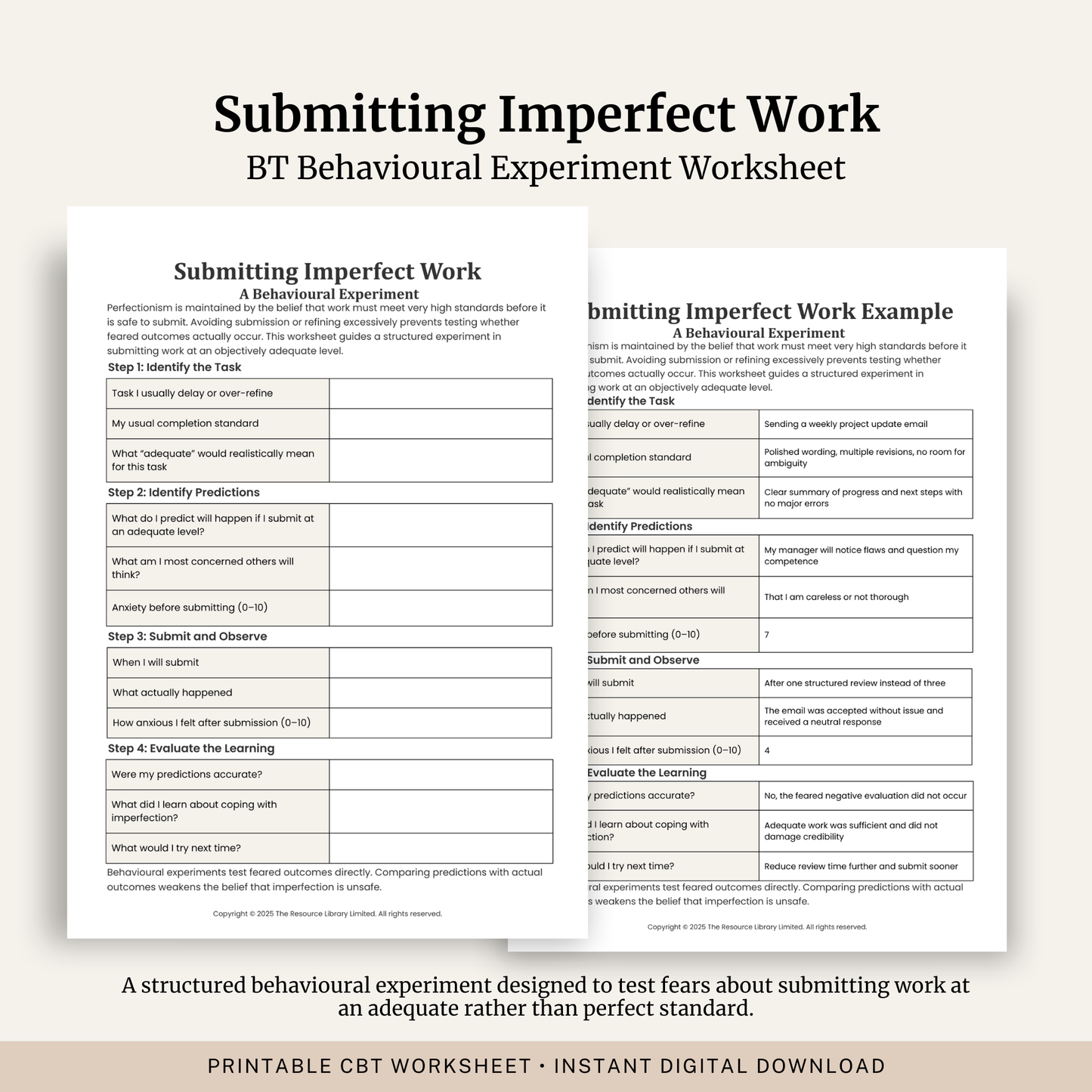 Printable Submitting Imperfect Work Worksheet featuring a CBT behavioural experiment, perfectionism, reducing excessive checking, challenging perfectionistic beliefs and a completed example.