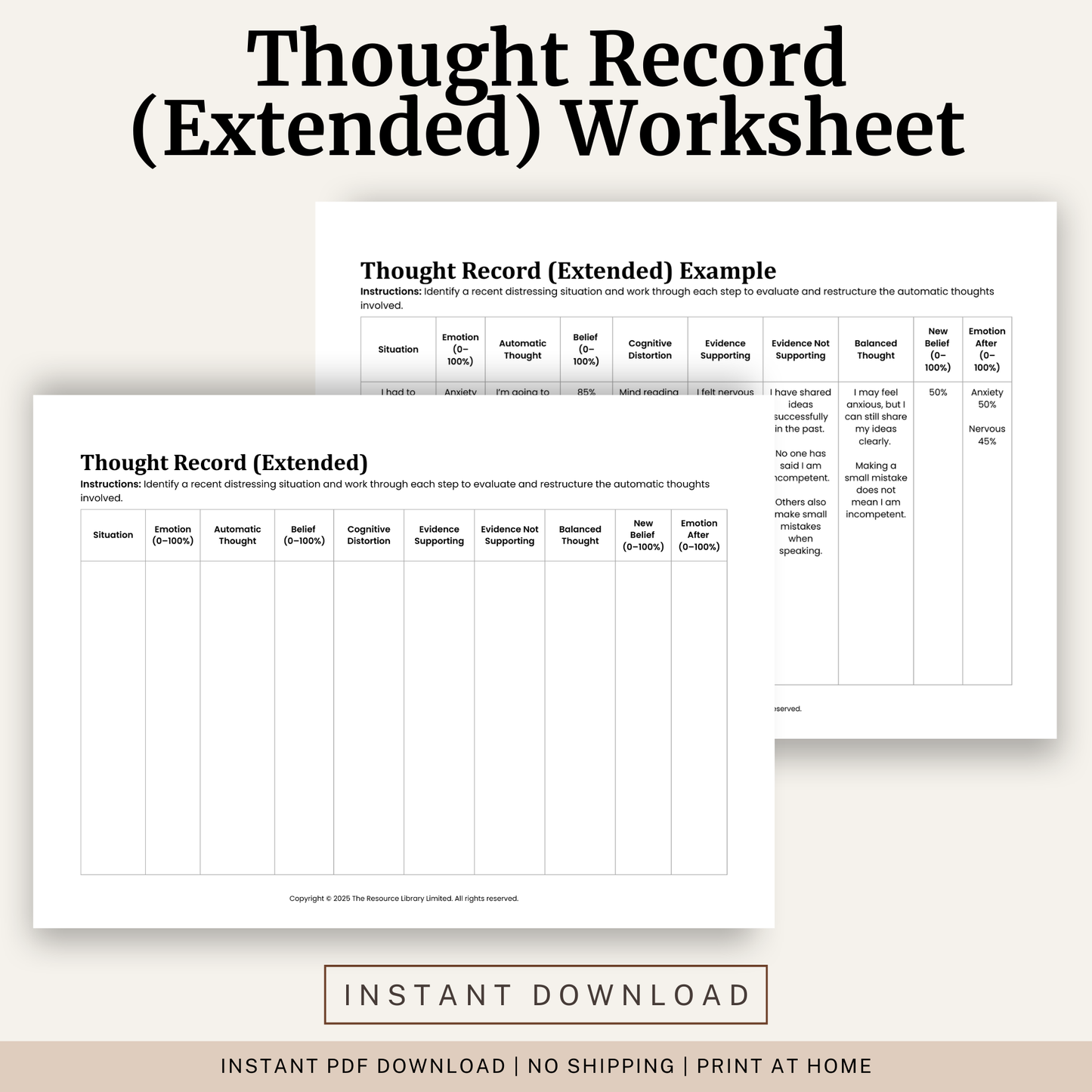 Printable Thought Record (Extended) Worksheet featuring CBT cognitive restructuring, cognitive distortions, automatic thoughts, evidence for and against, balanced thoughts and a completed example.