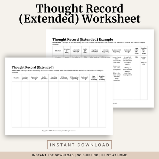 Printable Thought Record (Extended) Worksheet featuring CBT cognitive restructuring, cognitive distortions, automatic thoughts, evidence for and against, balanced thoughts and a completed example.