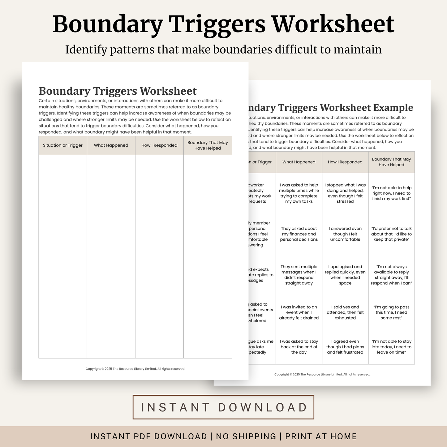 Printable Boundary Triggers Worksheet featuring healthy boundary reflection, boundary trigger identification, assertive responses and a completed example.