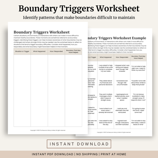 Printable Boundary Triggers Worksheet featuring healthy boundary reflection, boundary trigger identification, assertive responses and a completed example.