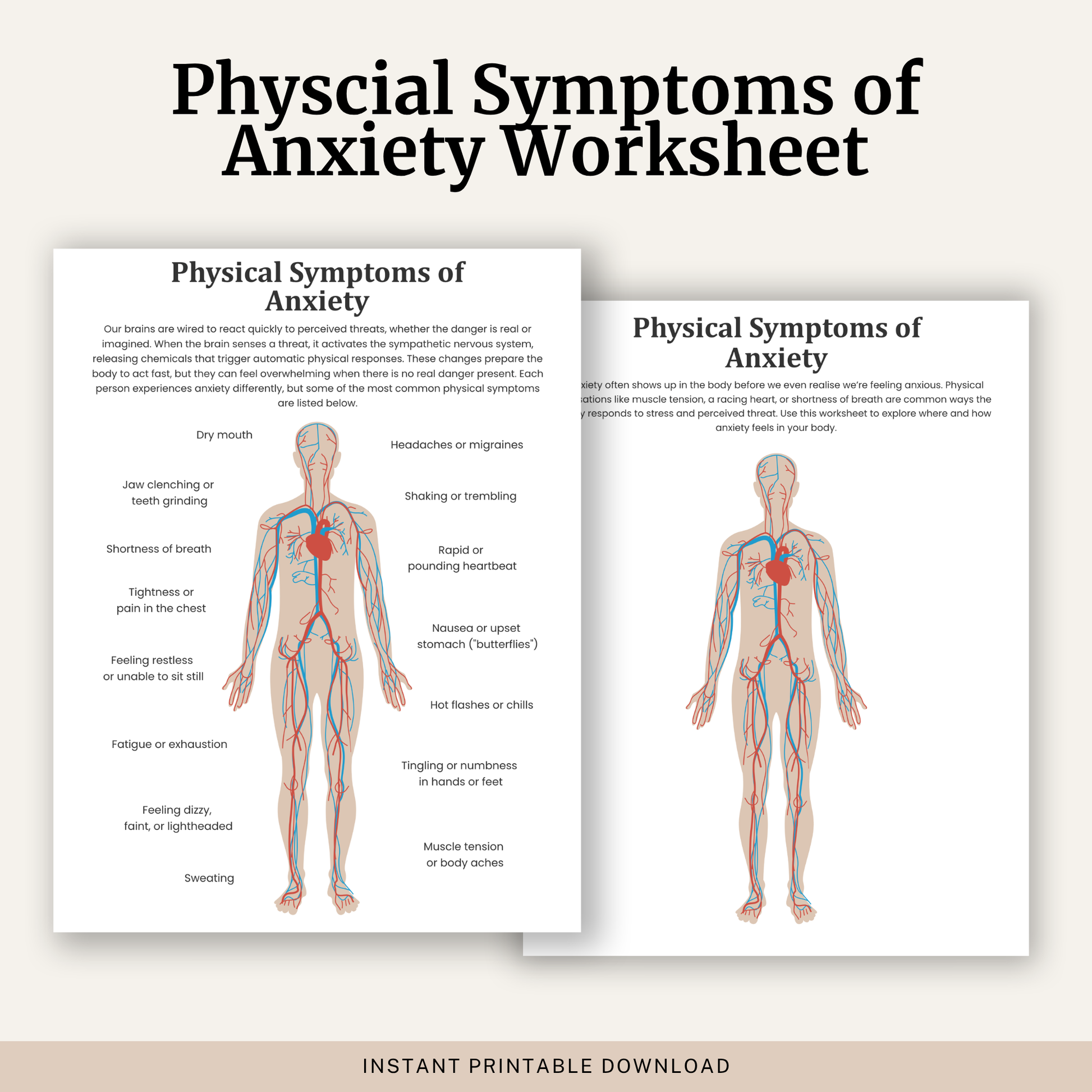 Printable Physical Symptoms of Anxiety Worksheet featuring an anxiety body map, common physical symptoms of anxiety, body awareness and anxiety psychoeducation.