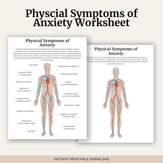 Printable Physical Symptoms of Anxiety Worksheet featuring an anxiety body map, common physical symptoms of anxiety, body awareness and anxiety psychoeducation.