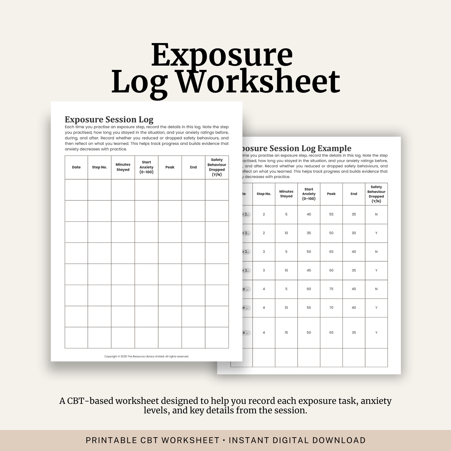 Printable Exposure Session Log featuring exposure therapy tracking, anxiety ratings, safety behaviour monitoring, a Subjective Units of Distress Scale (SUDS) and a completed example.