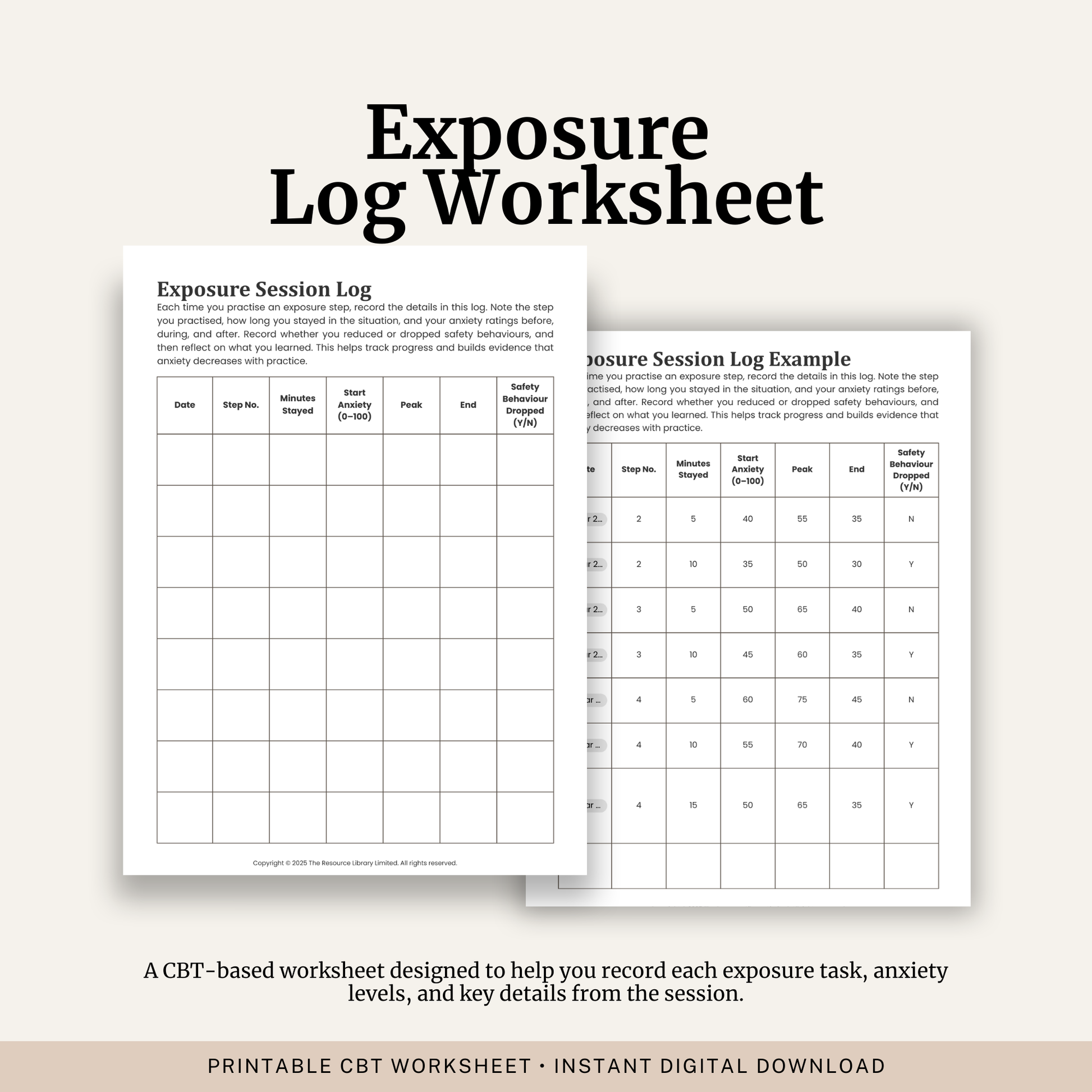 Printable Exposure Session Log featuring exposure therapy tracking, anxiety ratings, safety behaviour monitoring, a Subjective Units of Distress Scale (SUDS) and a completed example.