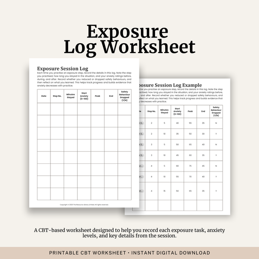 Printable Exposure Session Log featuring exposure therapy tracking, anxiety ratings, safety behaviour monitoring, a Subjective Units of Distress Scale (SUDS) and a completed example.