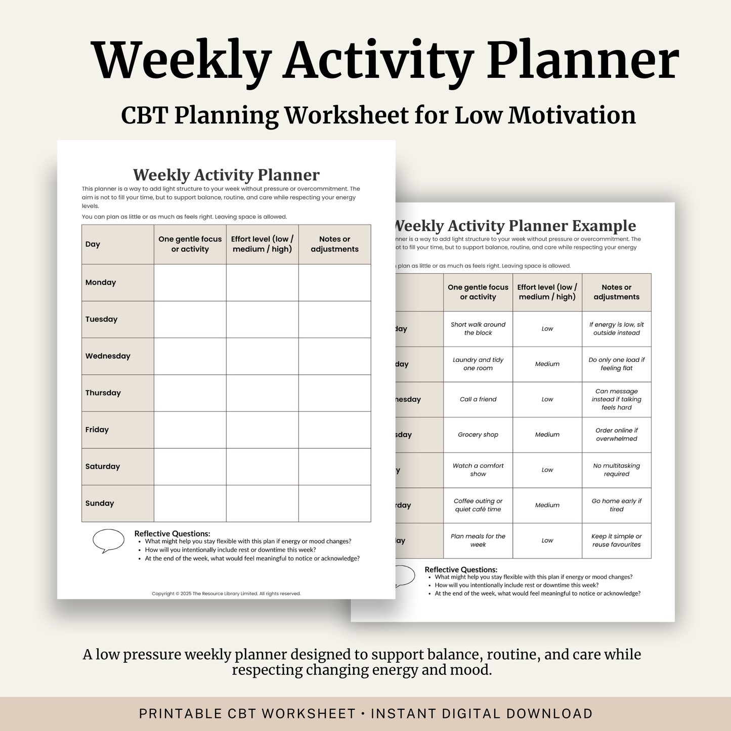 Printable Weekly Activity Planner featuring behavioural activation, weekly planning, gentle daily activities, effort levels, reflective questions and a completed example.