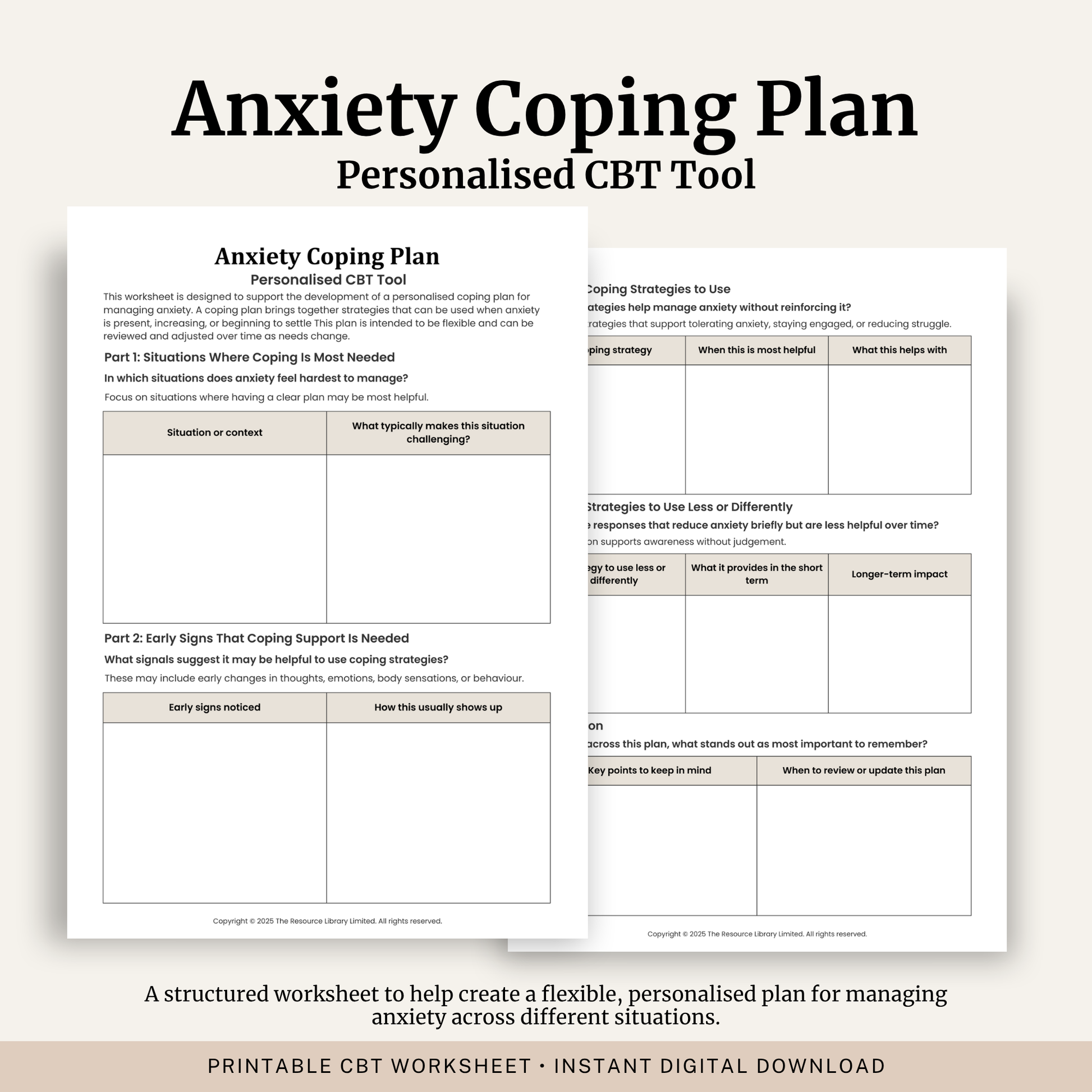 Printable Anxiety Coping Plan Worksheet featuring a personalised CBT coping plan, anxiety triggers, early warning signs, coping strategies, behaviours that maintain anxiety and reflection questions.