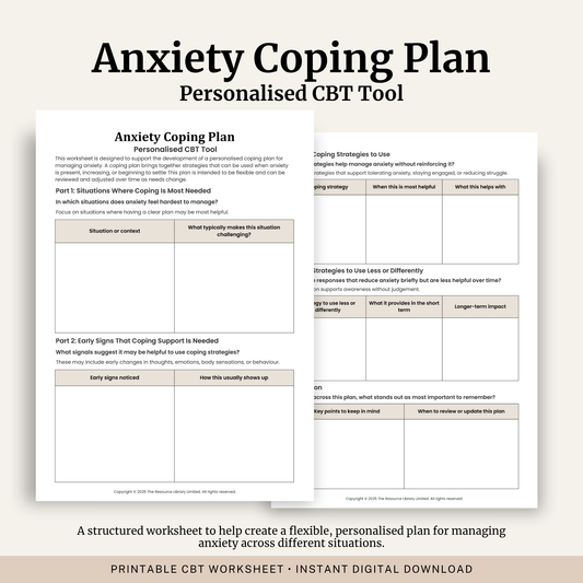 Printable Anxiety Coping Plan Worksheet featuring a personalised CBT coping plan, anxiety triggers, early warning signs, coping strategies, behaviours that maintain anxiety and reflection questions.