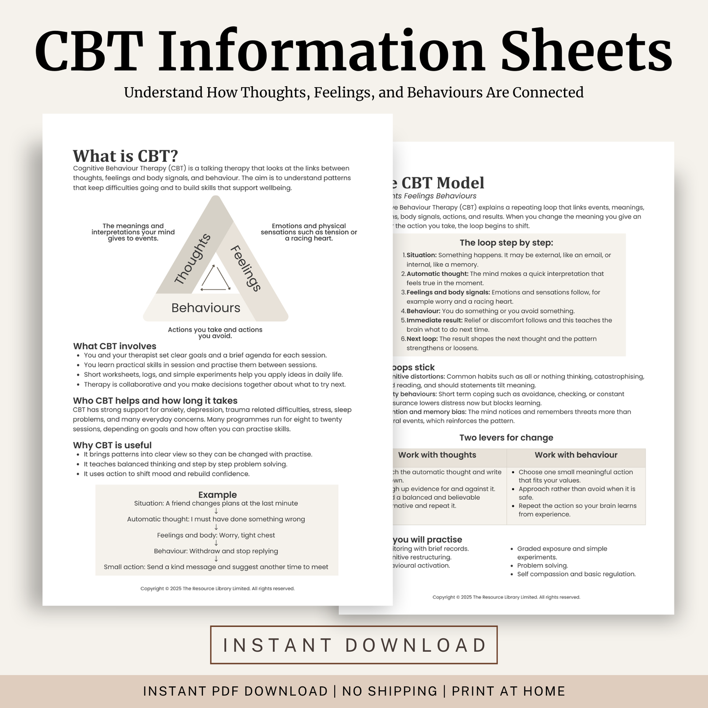 Printable CBT Information Sheets featuring an introduction to Cognitive Behaviour Therapy, the CBT model, thoughts, feelings and behaviours, psychoeducation and practical CBT concepts.