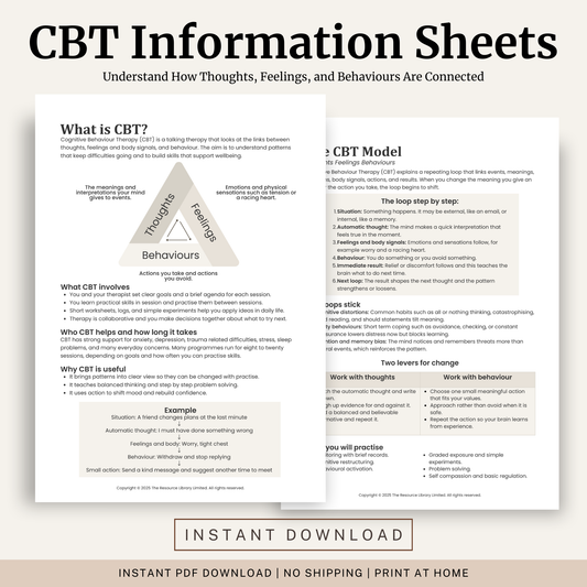 Printable CBT Information Sheets featuring an introduction to Cognitive Behaviour Therapy, the CBT model, thoughts, feelings and behaviours, psychoeducation and practical CBT concepts.