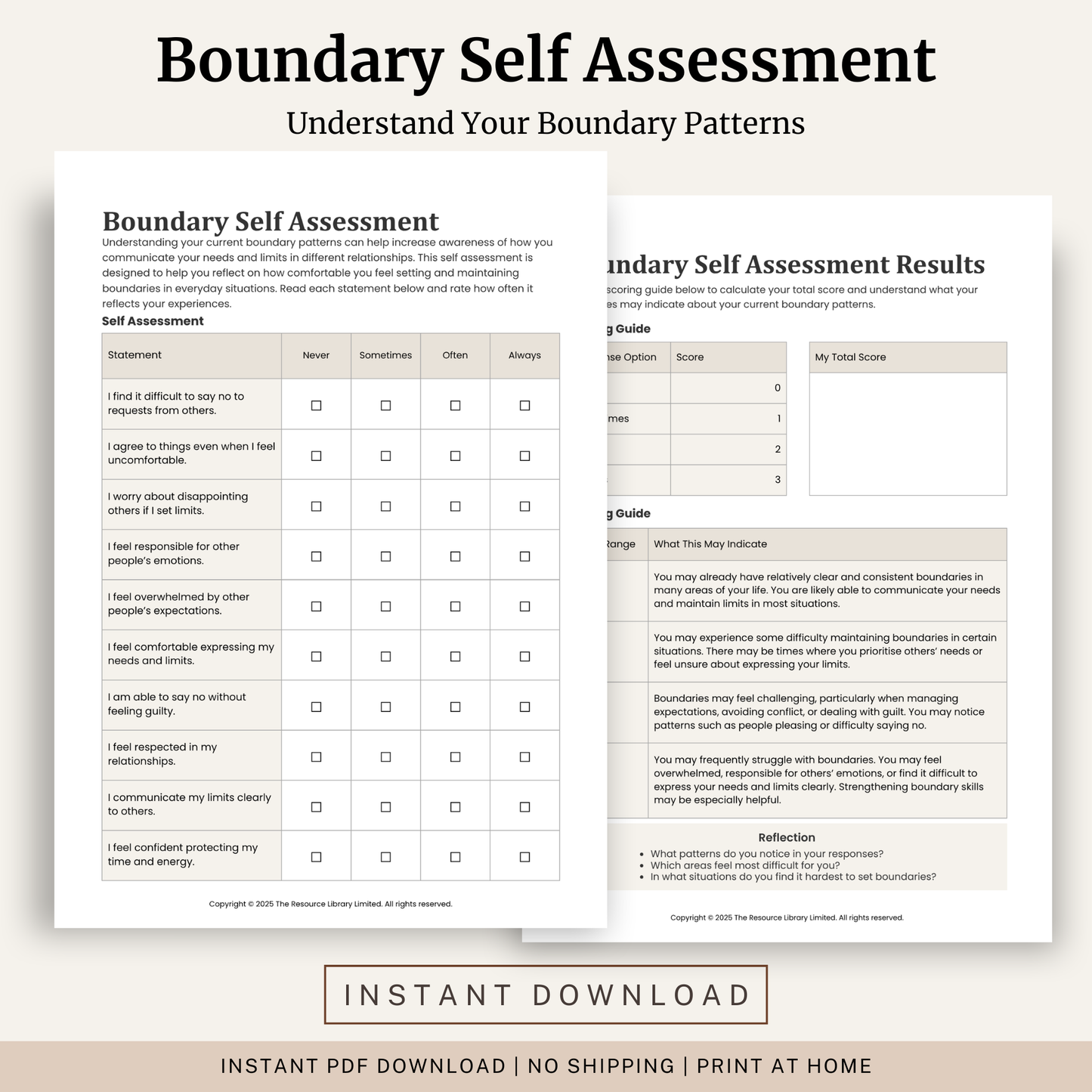 Printable Boundary Self Assessment Worksheet featuring a healthy boundaries self assessment, scoring guide, results interpretation and reflection questions.
