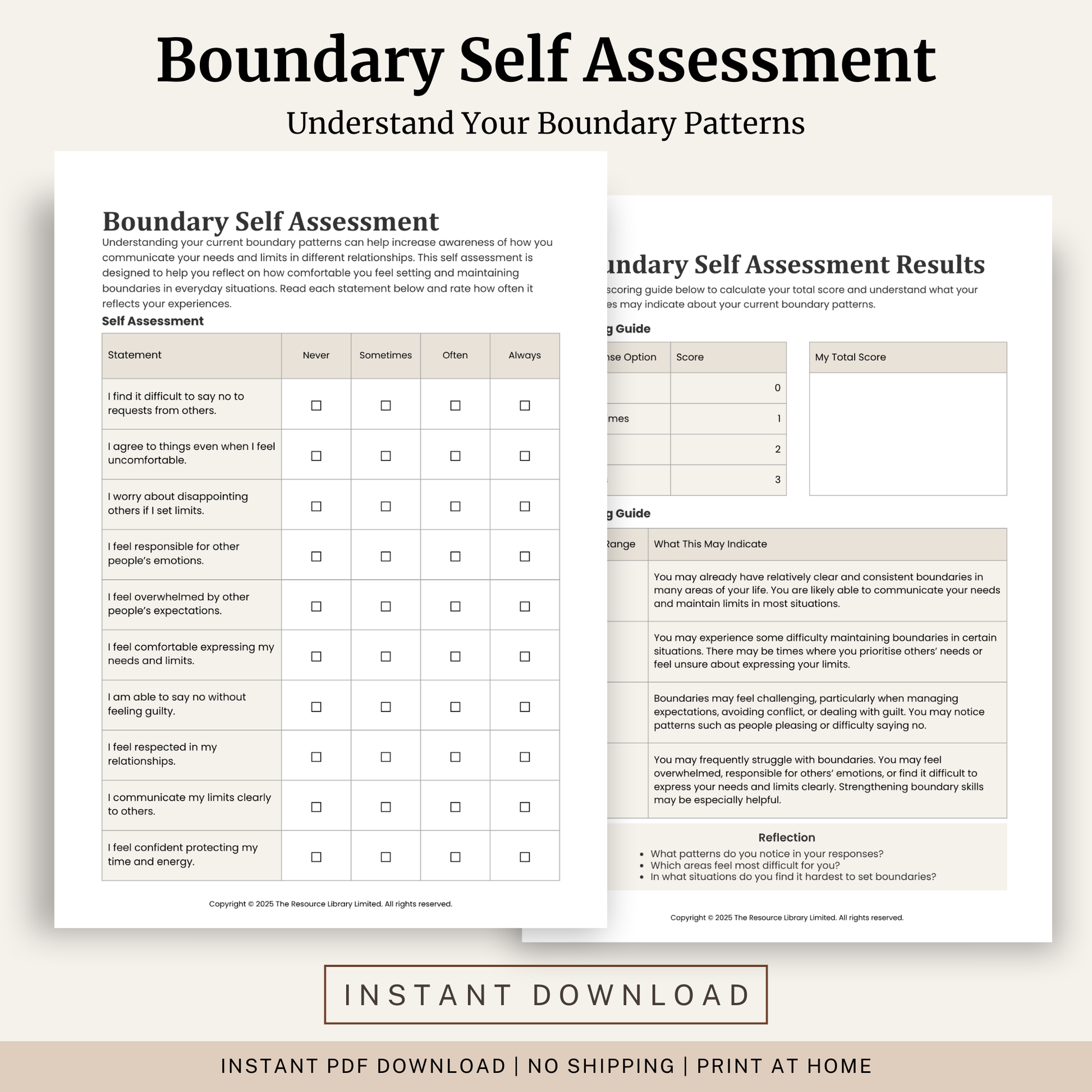 Printable Boundary Self Assessment Worksheet featuring a healthy boundaries self assessment, scoring guide, results interpretation and reflection questions.
