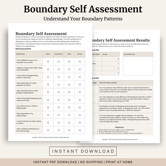 Printable Boundary Self Assessment Worksheet featuring a healthy boundaries self assessment, scoring guide, results interpretation and reflection questions.