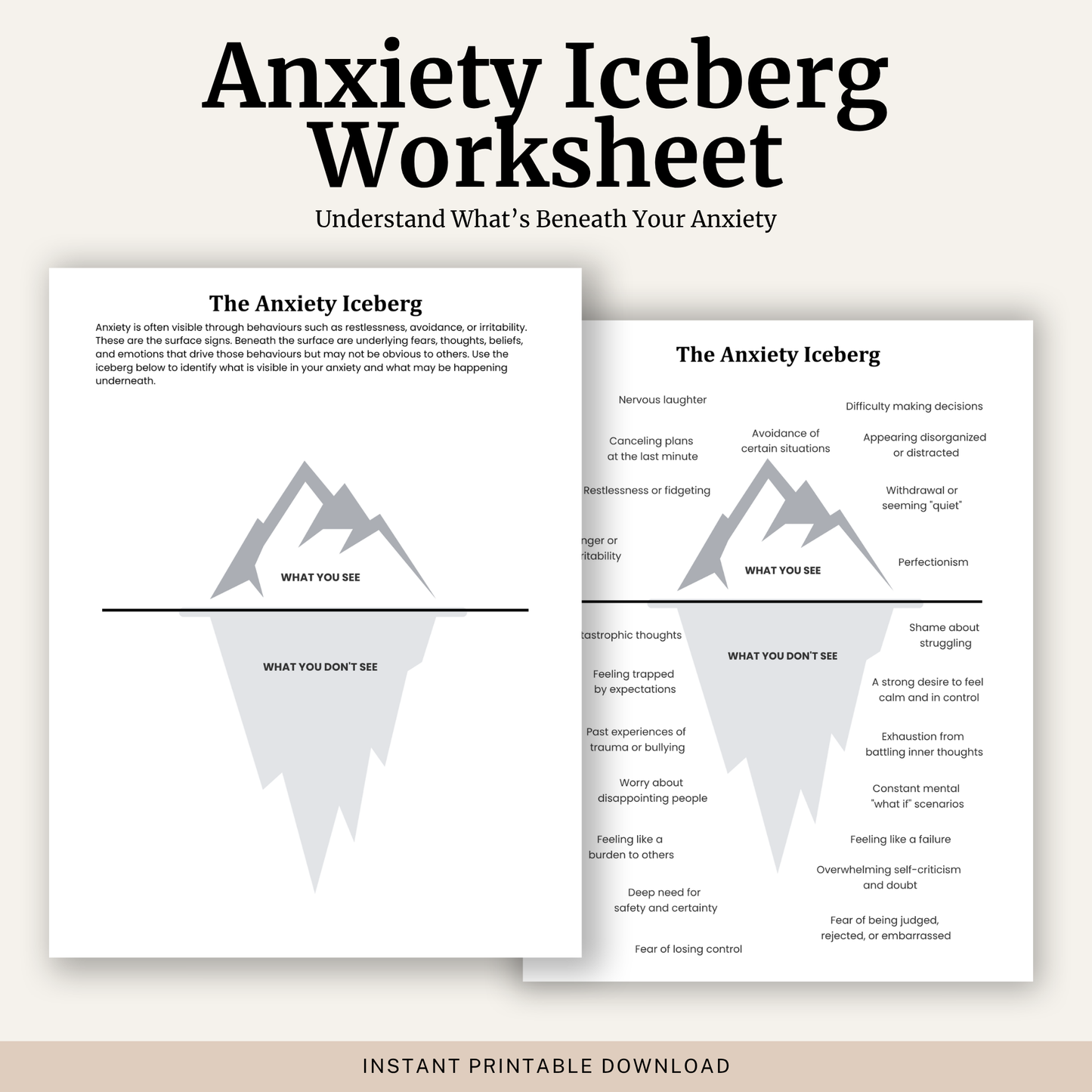 Printable Anxiety Iceberg Worksheet featuring a CBT anxiety iceberg model, visible anxiety behaviours, hidden thoughts and beliefs, psychoeducation and completed example.