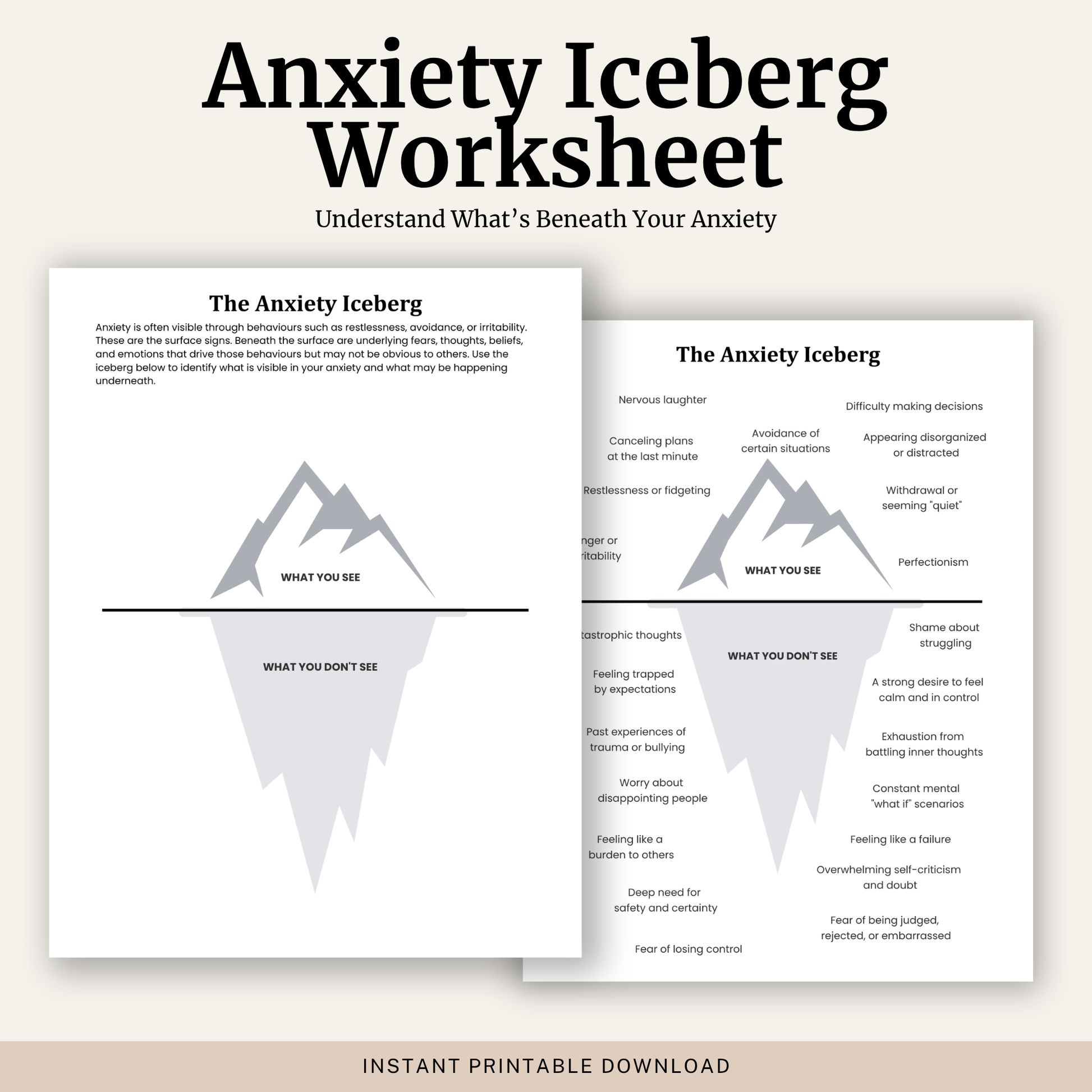 Printable Anxiety Iceberg Worksheet featuring a CBT anxiety iceberg model, visible anxiety behaviours, hidden thoughts and beliefs, psychoeducation and completed example.
