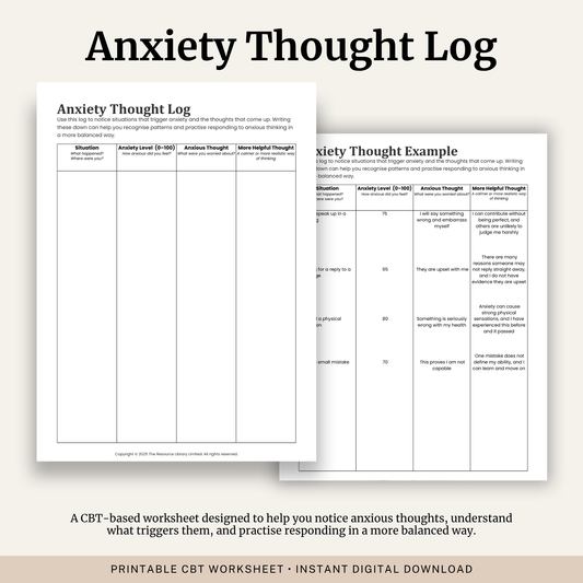Printable Anxiety Thought Log featuring CBT thought monitoring, anxiety triggers, anxiety ratings, anxious thoughts, balanced thoughts and a completed example.