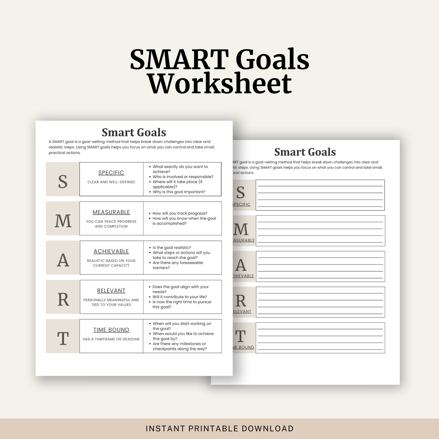 Printable SMART Goals Worksheet featuring the SMART goal framework, goal setting, action planning, progress tracking and guided reflection questions.