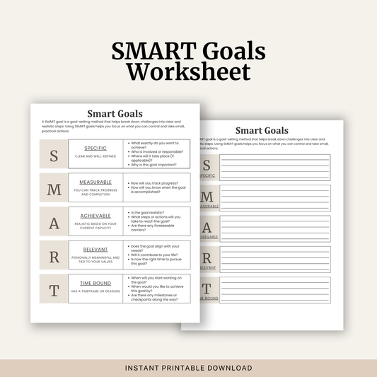 Printable SMART Goals Worksheet featuring the SMART goal framework, goal setting, action planning, progress tracking and guided reflection questions.