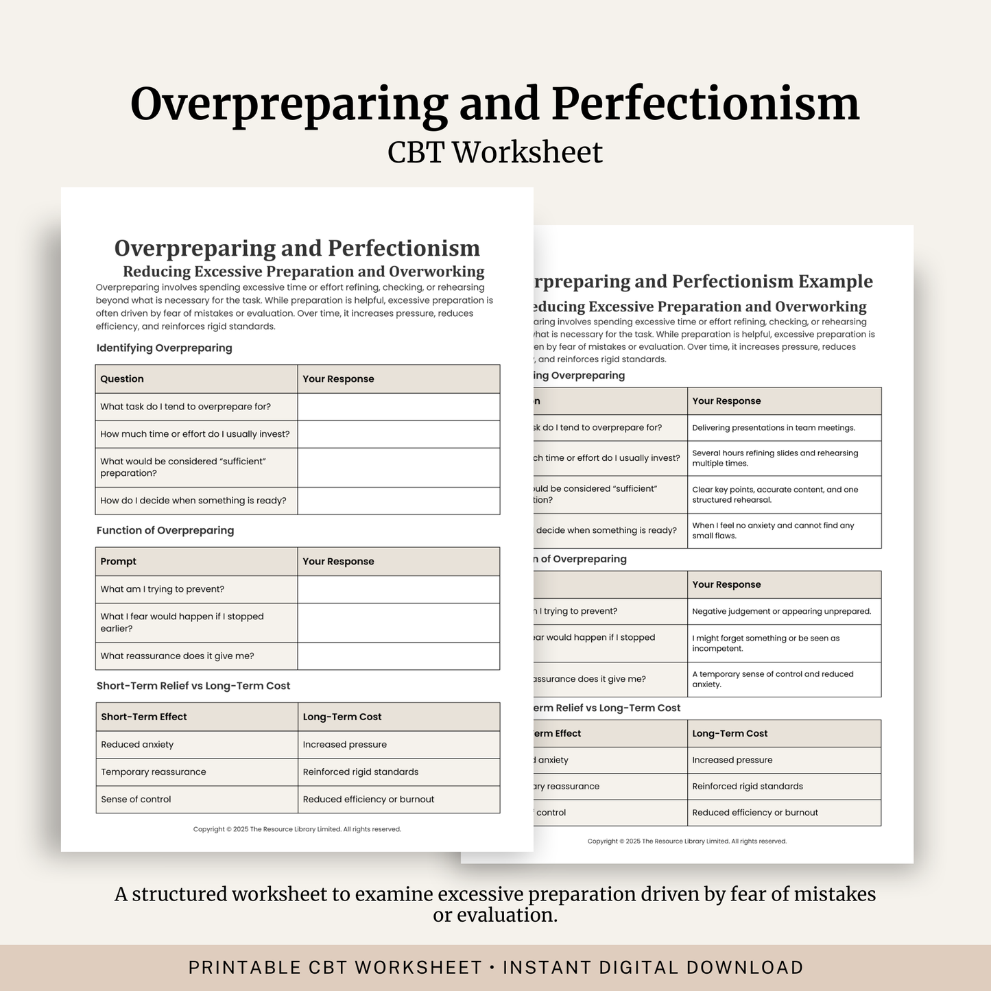 Printable Overpreparing and Perfectionism Worksheet featuring excessive preparation, perfectionism, fear of mistakes, short term relief, long term costs and a completed example.