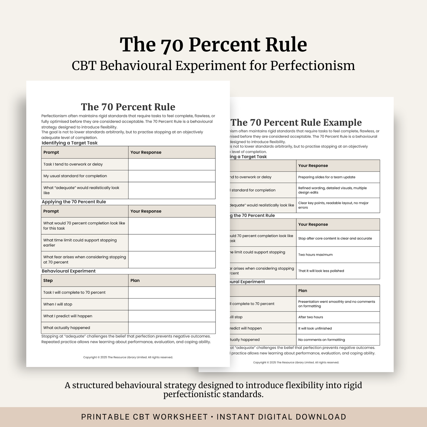Printable The 70 Percent Rule Worksheet featuring CBT perfectionism strategies, behavioural experiments, flexible standards, reducing overworking and a completed example.