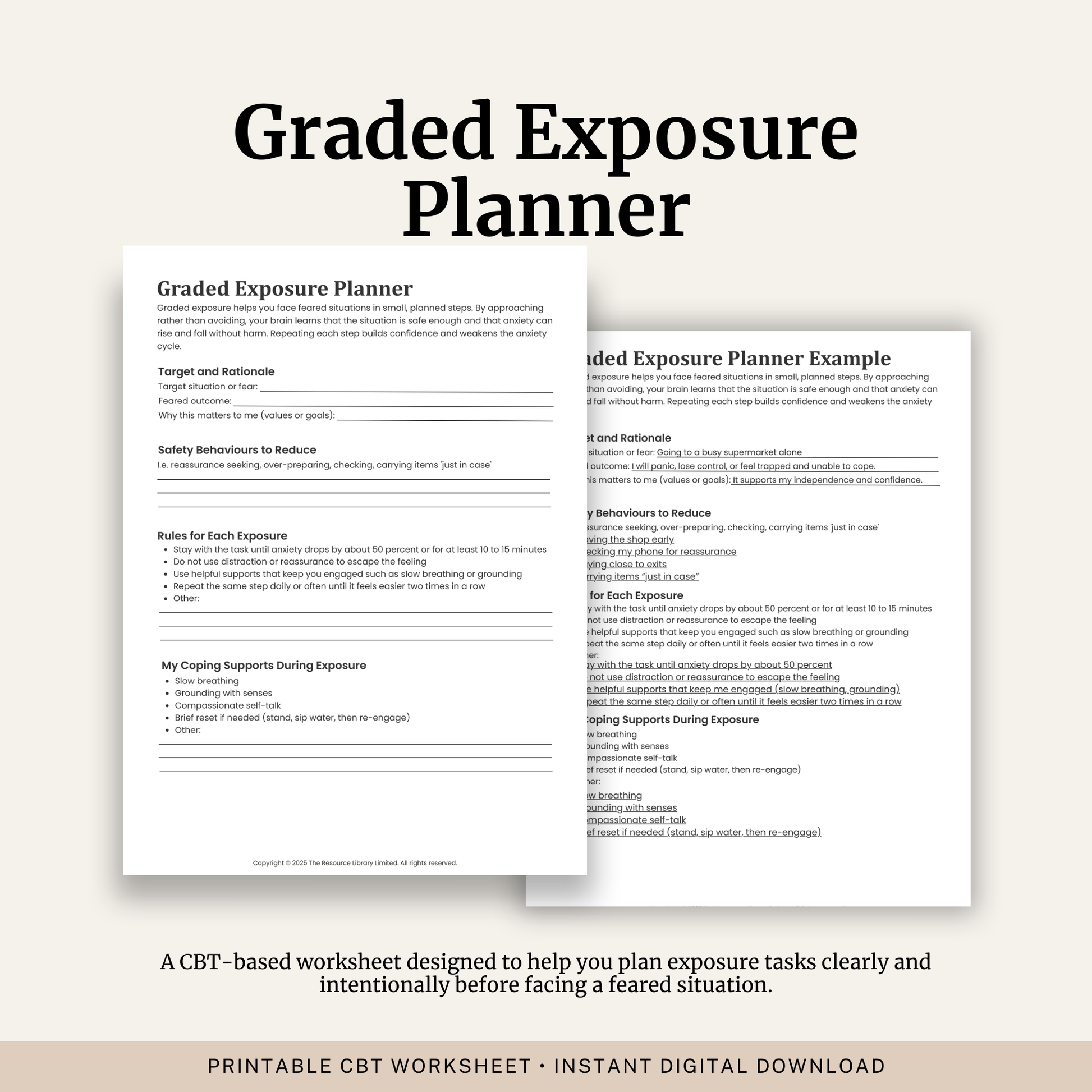 Printable Graded Exposure Planner featuring exposure therapy planning, safety behaviours, coping strategies, exposure rules and a completed example.