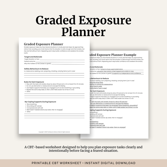 Printable Graded Exposure Planner featuring exposure therapy planning, safety behaviours, coping strategies, exposure rules and a completed example.