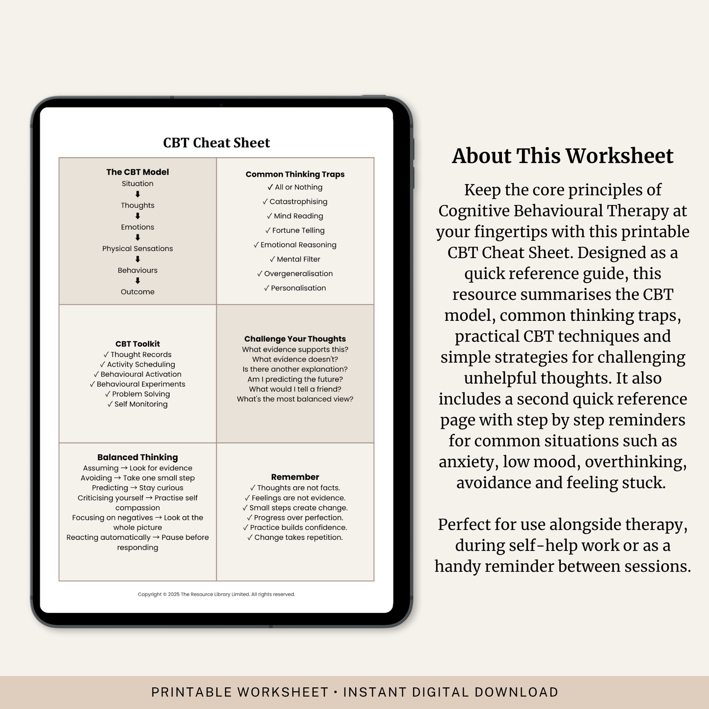 CBT Quick Reference Guide printable PDF with practical CBT strategies for anxiety, overthinking, avoidance, low mood and feeling stuck.