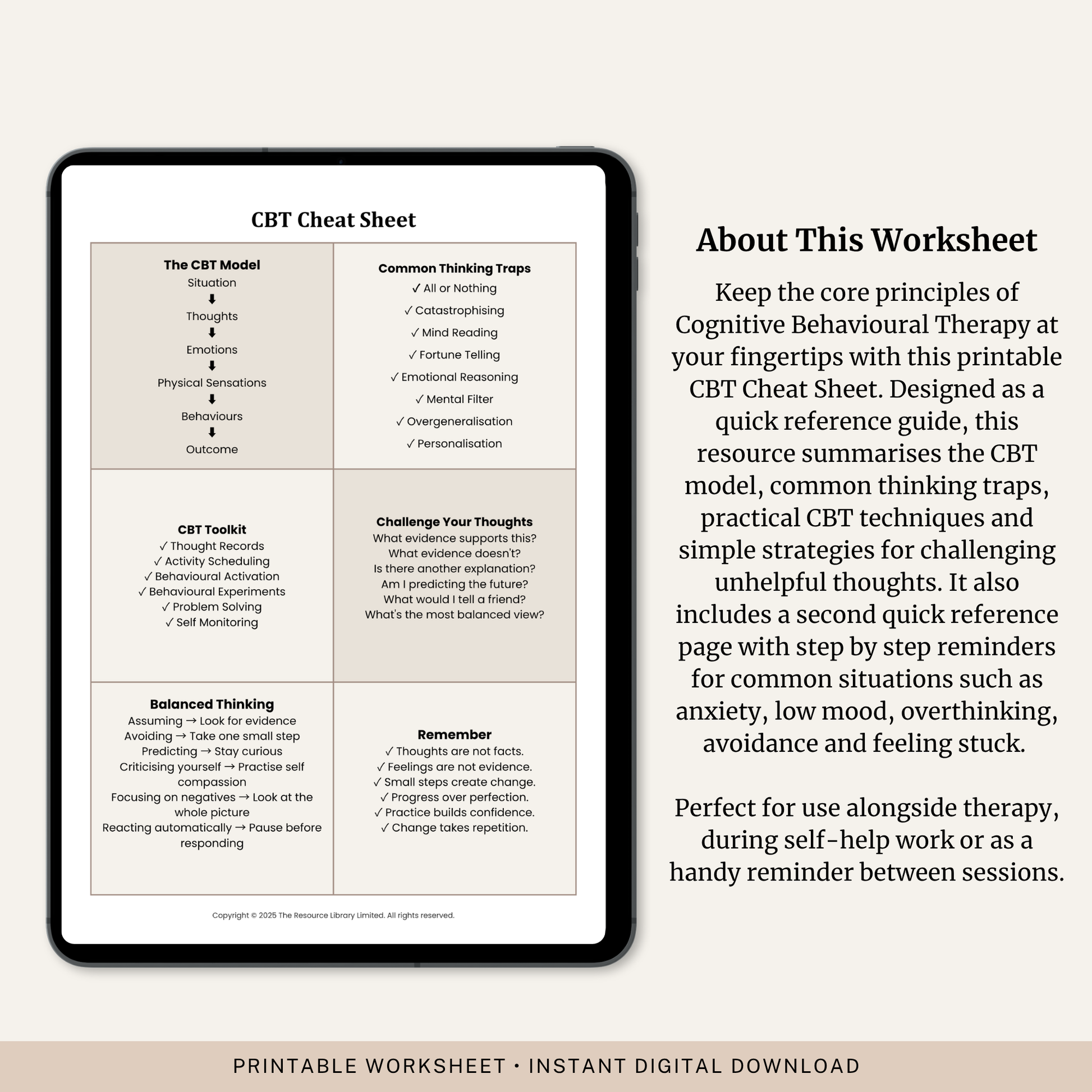 CBT Quick Reference Guide printable PDF with practical CBT strategies for anxiety, overthinking, avoidance, low mood and feeling stuck.