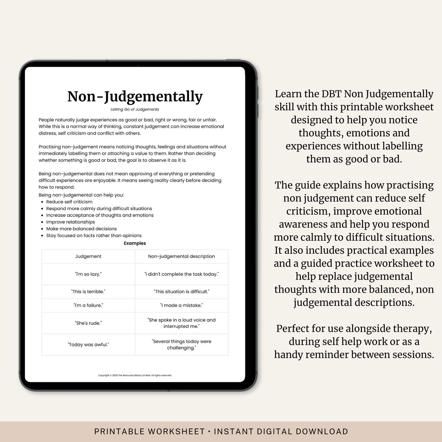 Non Judgementally DBT Skill Worksheet