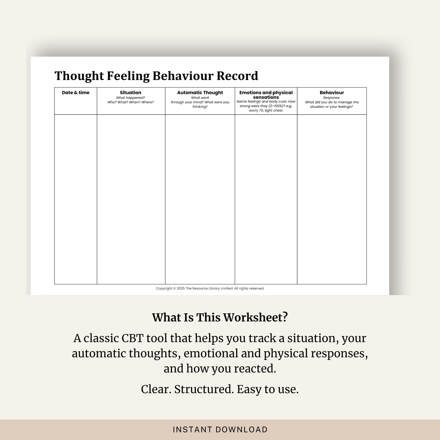 Thought Feeling Behaviour Record Worksheet