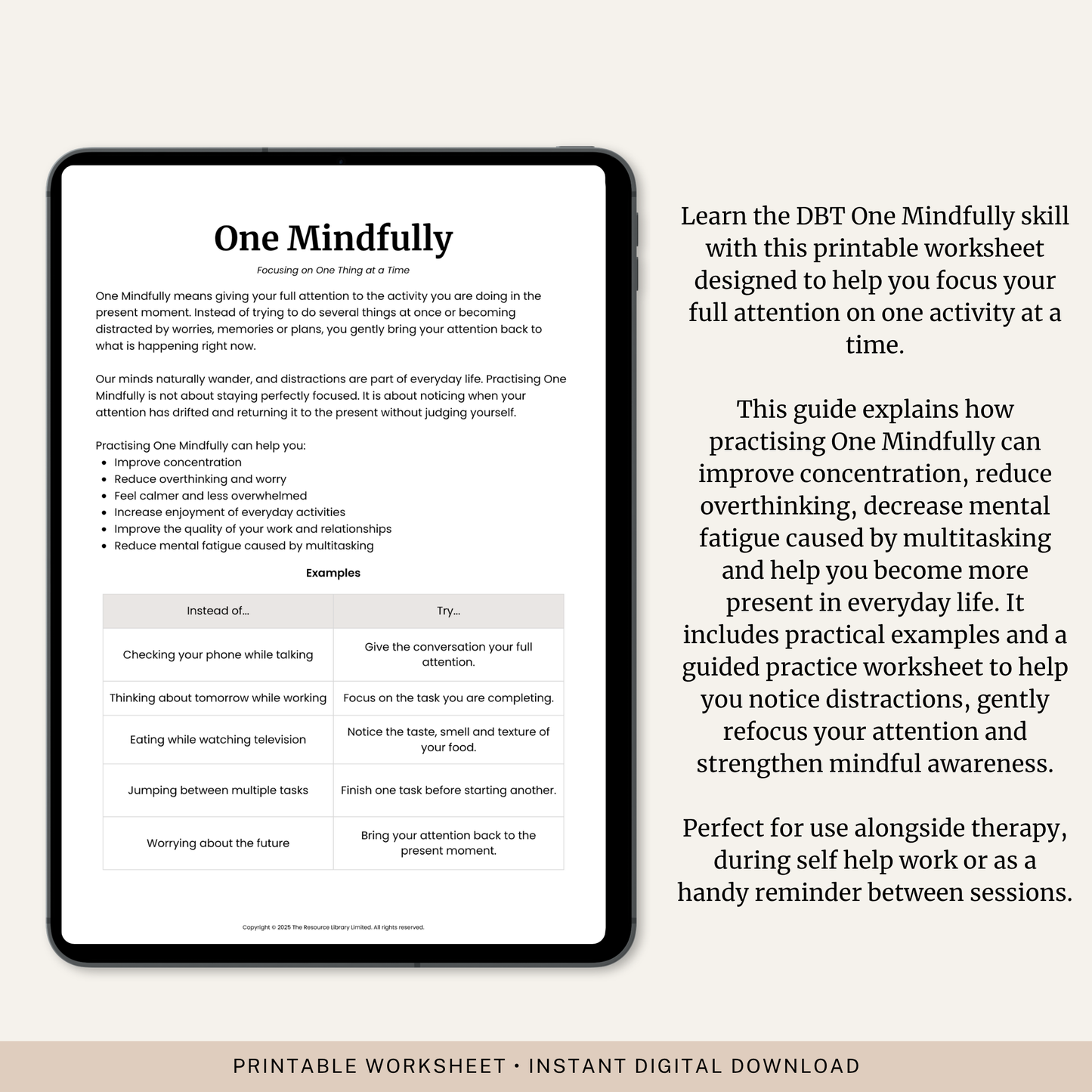 One Mindfully DBT Skill Worksheet