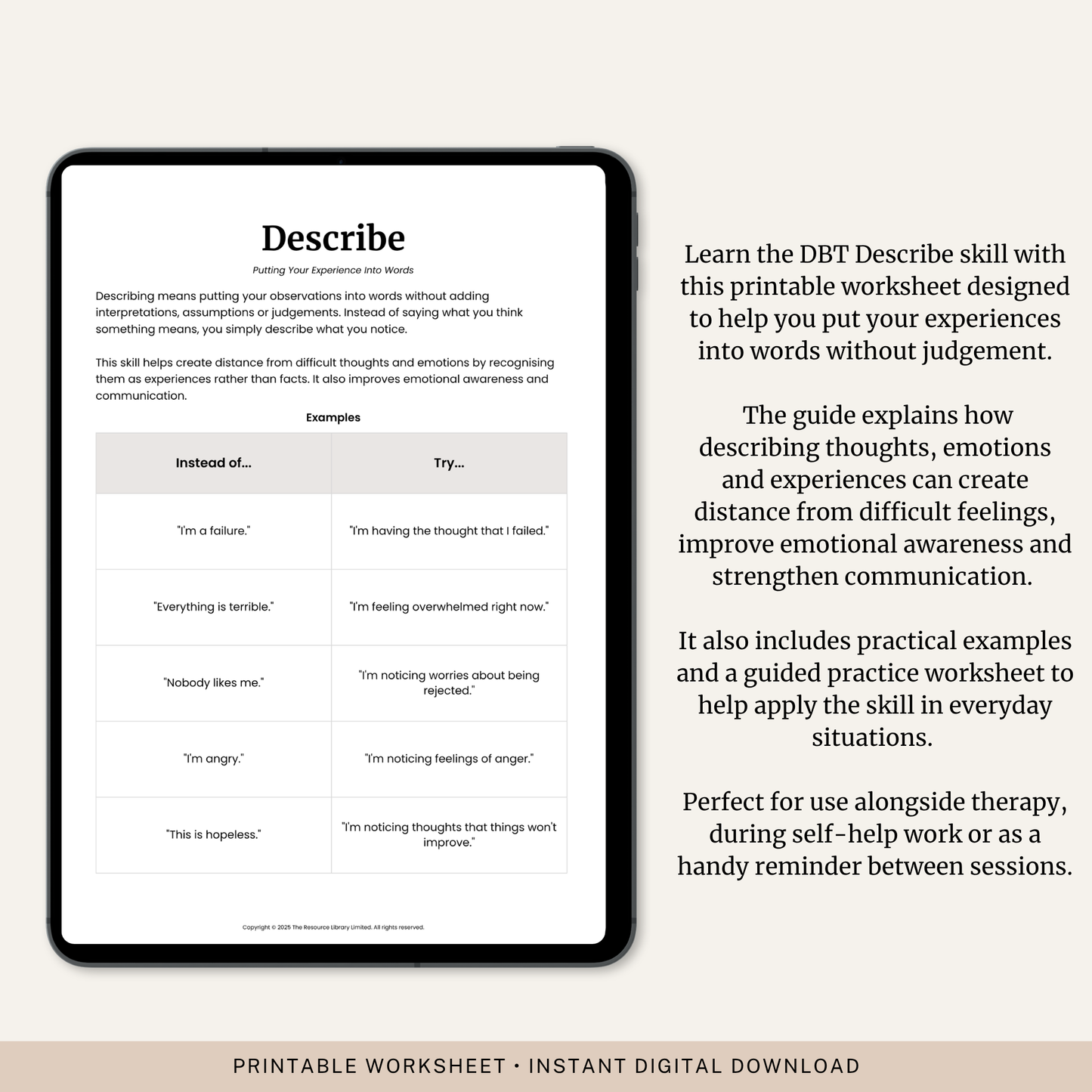DBT Describe Skill Worksheet